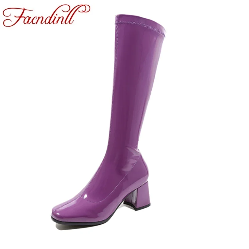 

FACNDINLL 2018 women knee high boots patent leather autumn winter zipper motorcycle boots high qulaity black purple dance boots