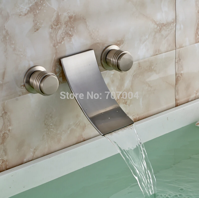 Wall Mounted Dual Handles Waterfall Bathroom Basin Faucet Brushed Nickel Basin Mixer Taps