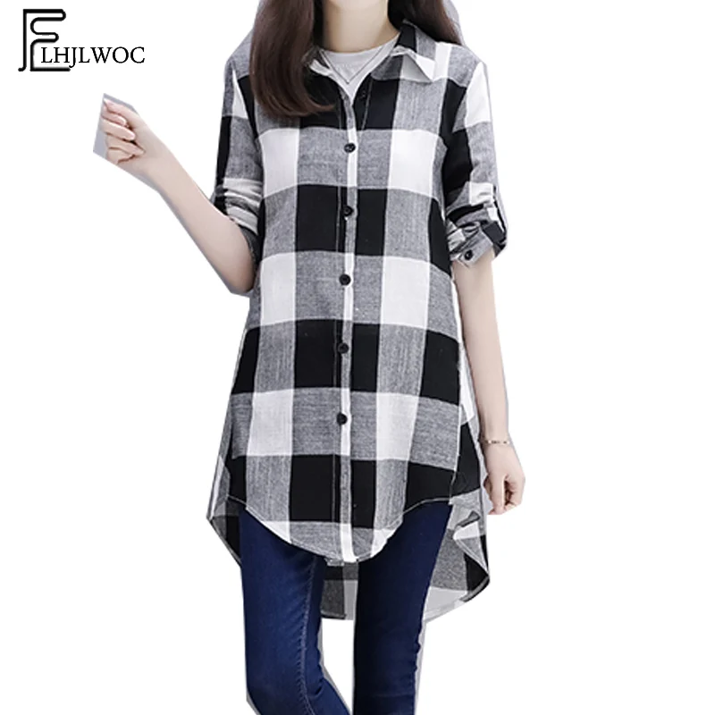 

2019 Spring Basic Shirts Blouses Hot Women Fashion Long Sleeve Casual Long Tops Tunic Blue Black Red Plaid Boyfriend Shirts 162