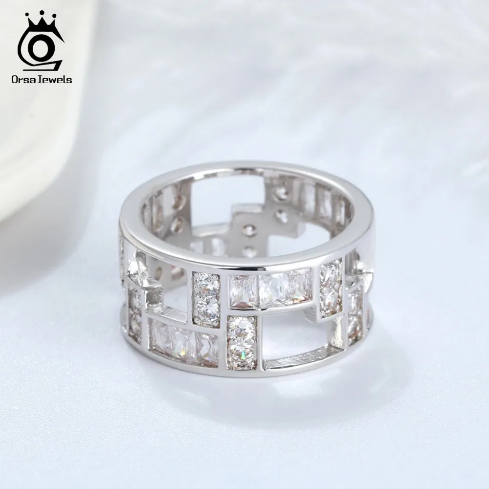 ORSA JEWELS Men Women Rings Unisex Original Tetris Pattern Hollowed AAA CZ Silver Color Cocktail Ring Female Gift Jewelry OR172