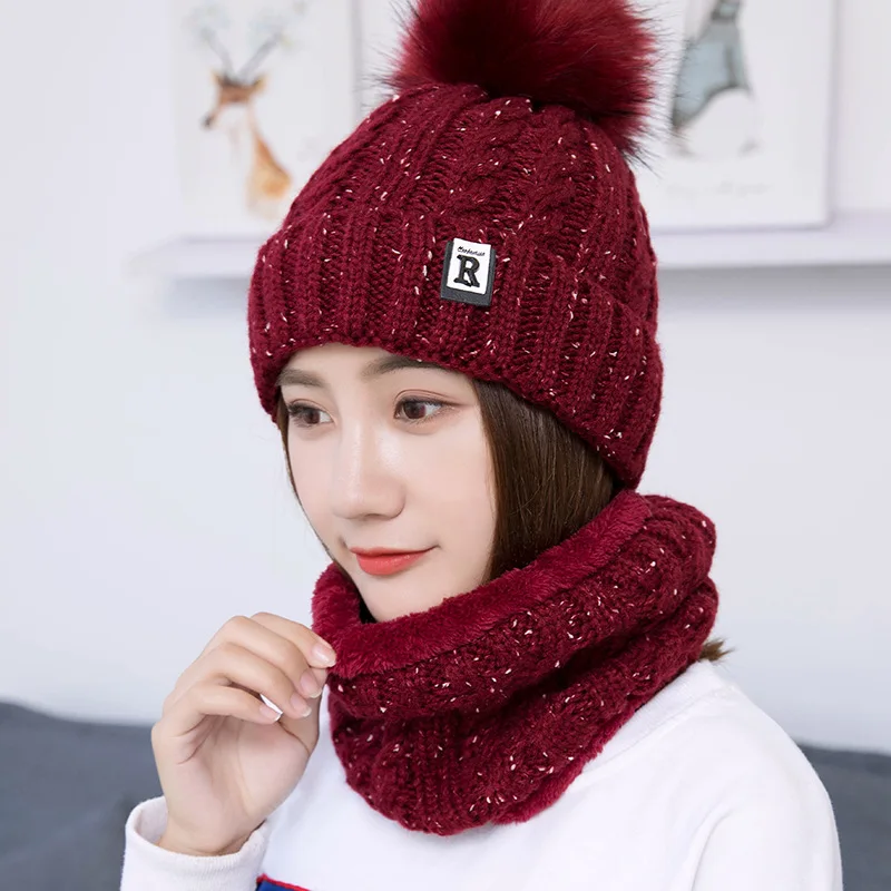 Модные зимние шляпы для женщин Beain Hat Kitted Big Ball gorro invierno mujer Зимний шарф и шапка, комплект, сохраняющий тепло