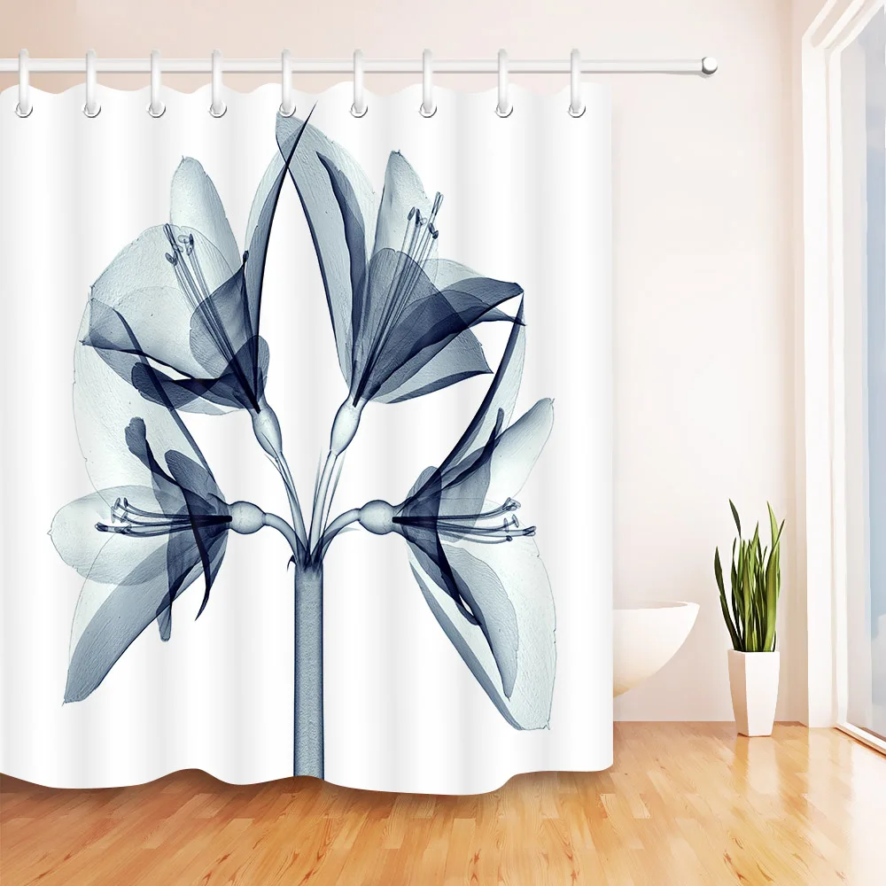 LB 3D Blue X ray Blossom Transparent Flower White Shower Curtain Nature
