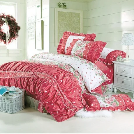 Red White Floral Polka Dot Girls Bedding Set Comforter King Size