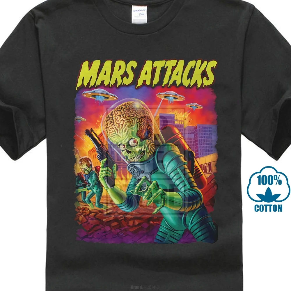 

Mars Attacks Movie Mens T Shirt Attacking Alien With A Saucer Filled Sky