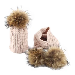 Real Fur Pompom Winter Baby Hat And Scarf set For Children Twist Knitted Cotton Beanie Hat Kids Pom pom Scarf Real Fur Pompom Winter Baby Hat And Scarf set For Children Twist Knitted Cotton Beanie Hat Kids Pom pom Scarf