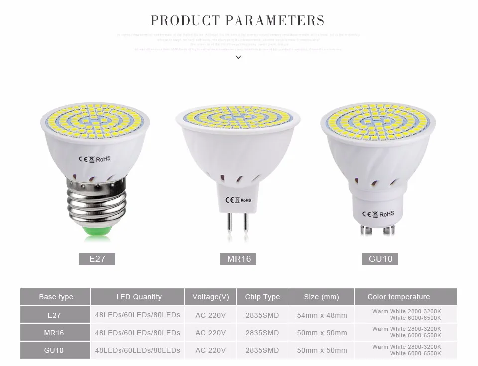 10 шт./упак. 220V GU10 MR16 E27 светодиодный лампы Точечный светильник 2835SMD 48/60/80 светодиодный s лампа для украшения дома ампулы потолочный светильник Lampara