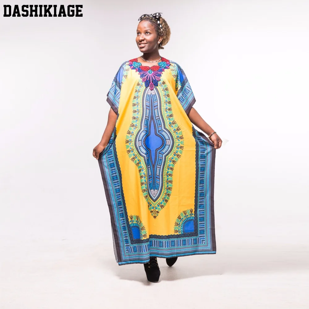 Dashikiage модная женская традиционная африканская печать пляжное желтое синее Дашики Бохо Макси длинное платье