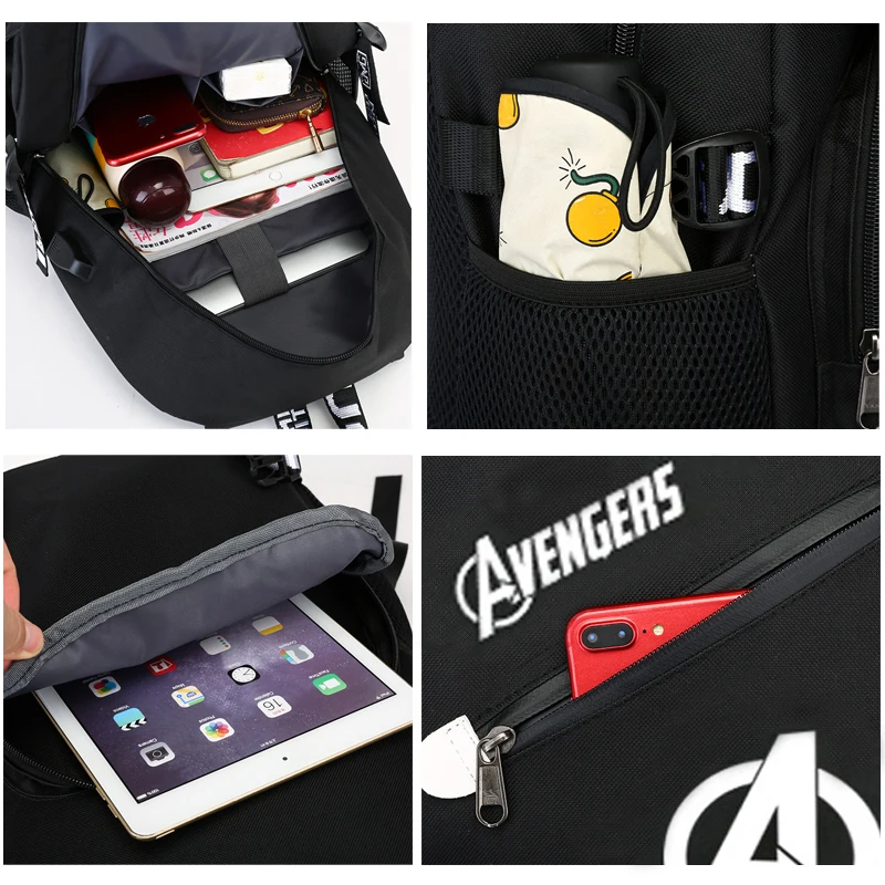 Мстители, школьные светящиеся анимационные сумки для мальчиков и девочек, подростковые модные рюкзаки, USB зарядка, Противоугонный рюкзак для ноутбука