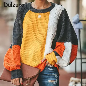 

Fashion Colorful Irregular Patchwork Sweaters Women Autumn Casual O-Neck Lantern Sleeve Knitted Pullover Soft Girls Jumpers Tops