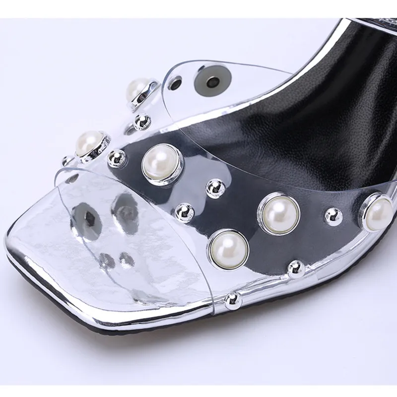 Летние Босоножки с открытым носком, украшенные серебристыми кристаллами и жемчугом; Модные прозрачные босоножки; женская обувь на высоком толстом каблуке 7,5 см; K-201