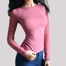 SALSPOR, сексуальная женская спортивная рубашка для йоги, одноцветная, сетчатая, дышащая, с длинным рукавом, футболки для спортзала, женские эластичные облегающие топы для фитнеса