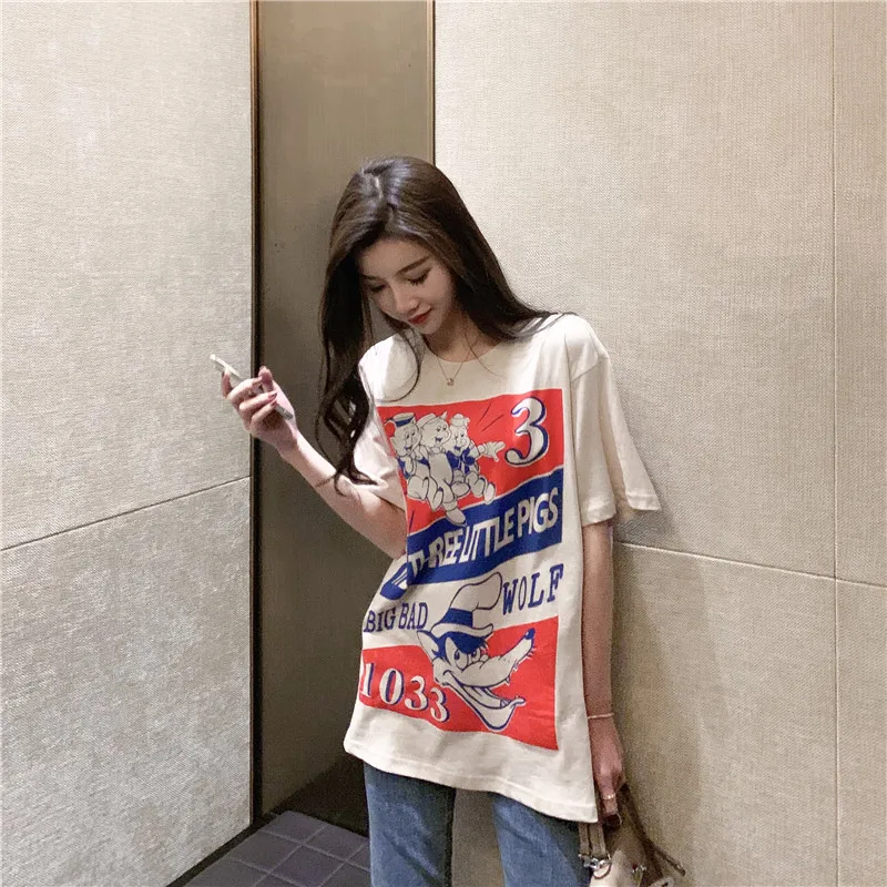 Harajuku Ulzzang Oversize tshirt мультфильм печати короткий рукав футболки корейский стиль Для женщин Свободные Летние Футболка женская Повседневное Топы