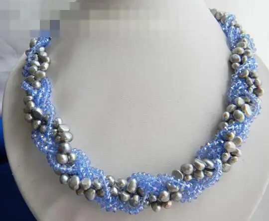 

song voge gem nanJ1036 5Strands Gray Baroque Freshwater Pearl Blue Faceted Crystal Necklace