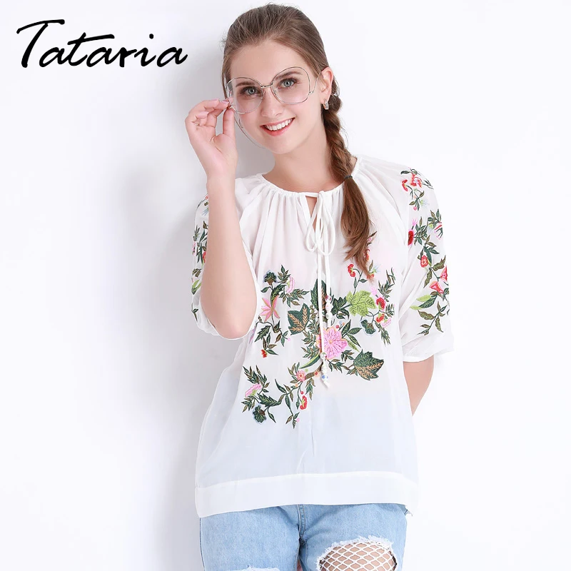 

Summer Embroidery Chiffon Blouse Women White Chiffon Shirt Loose Lace Up Blusas Top Femme Elegant Female Clothing Tataria 3768