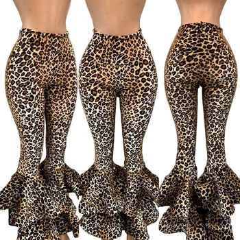 

New Women Leopard Printed Flare Pants Sexy Skinny Layered Ruffles High Waisted Bell Bottom Pants Streetweat Party Club Trousers