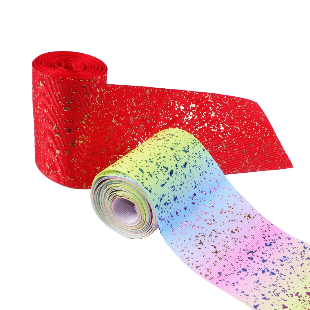 

David accessories 3''75mm flowers dots gold foil polyester Grosgrain ribbon 50yards,DIY handmade materials,gift wrap,50Yc5172