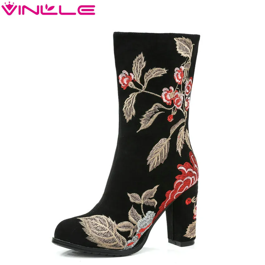

VINLLE 2019 Women Mid Calf Boots Cow Suede Fashion Women Shoes Zipper Round Toe Square High Heel Women Shoes Size 34-43