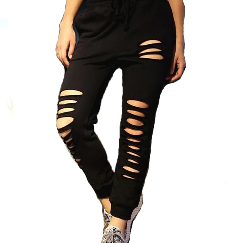2016 Sexy Women font b Fitness b font Parkour Sweatpants Holes Stretch Skinny Leggings Pants Trousers