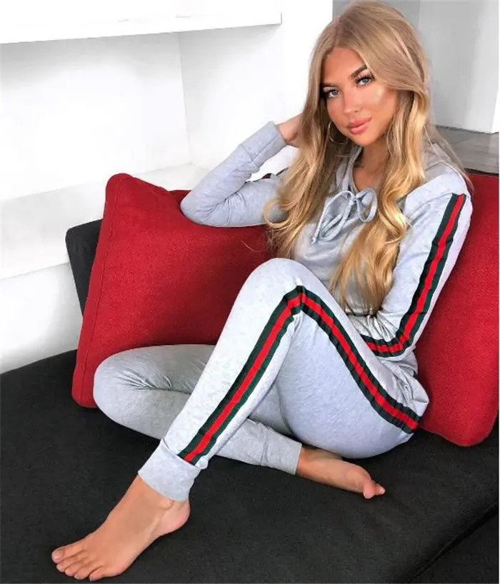 

2018 Autumn Casual Women Set Hooded Sweatshirt And Pencil Pant Two Piece Women Set Side Striped Fitness Women Tracksuits