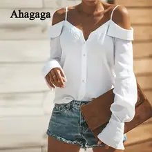 2019 Autumn Casual Blouse Women Tops Fashion Solid White Black Button Slash Neck Regular Long Sleeve Sexy Women Blouses Female