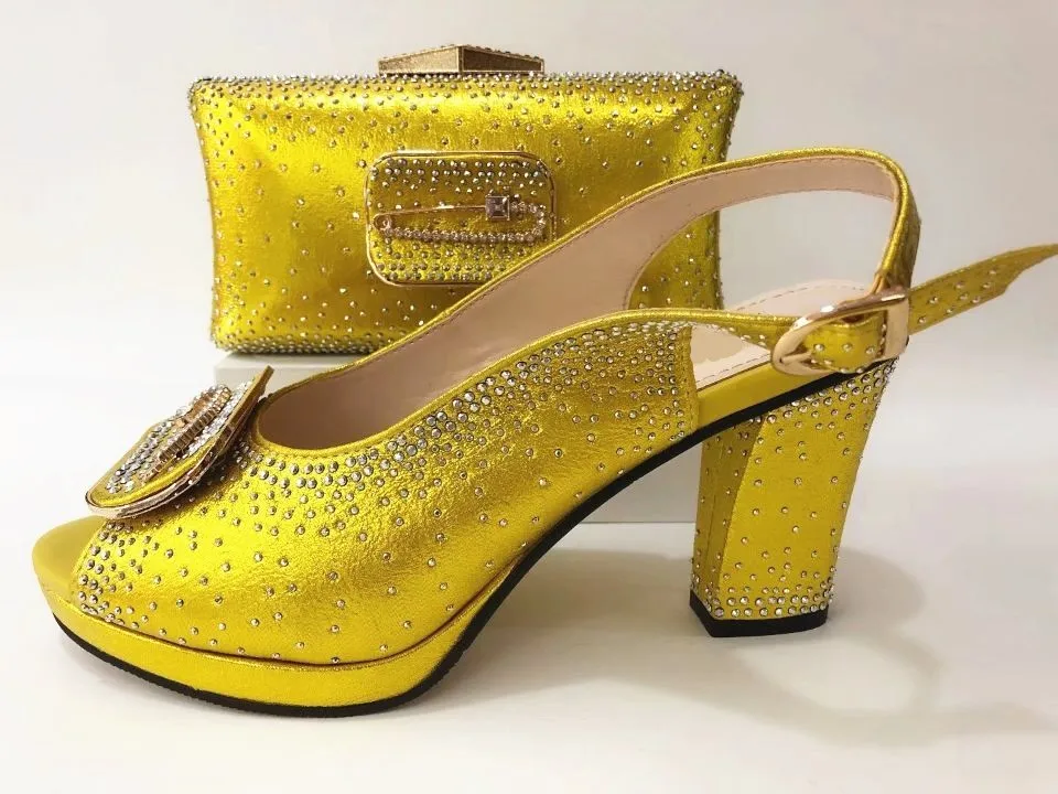 

Wonderful yellow women pumps and bag set with rhinestone decoration african shoes match handbag for dress A1014,heel 9CM