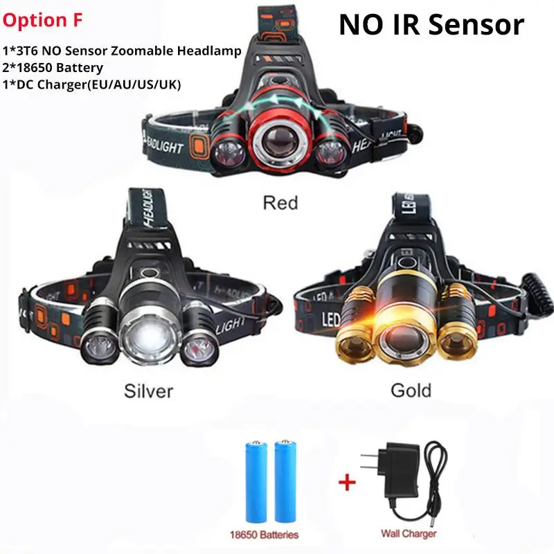 ИК-датчик светодиодный налобный фонарь масштабируемый 1* T6+ 2R5 головной светильник фонарь перезаряжаемый налобный фонарь налобный рыболовный головной светильник 18650 - Испускаемый цвет: NO Sensor Option F