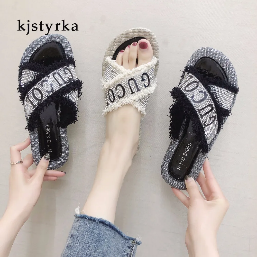

Kjstyrka 2019 new style open toe pantuflas casual Paillette bling sequin women slippers dazzing color Non Slip Damping shoes