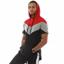 Men's trend hip hop casual short-sleeved hoodie 3 color stitching T-shirt men's fashion hooded men's design long sports hoodies sky blue self tied design color stitching t shirt