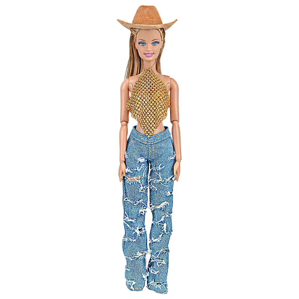 

E-TING Doll Clothes Cool Cowboy Style Golden Sequins Camisole Hole Jeans Doll Accessories Cowboy Hat Handbag For Barbie Dolls