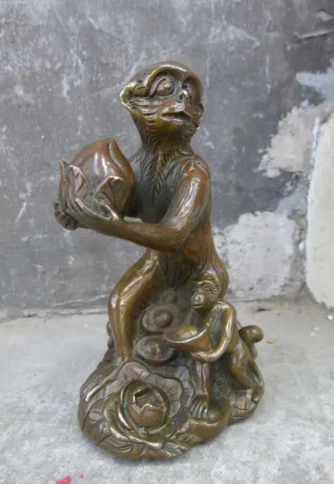 

8" China brass carved fine peach Yuan bao peony two monkeys Sculpture statue