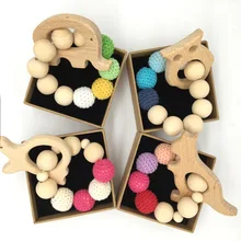 Crochet Bead Teething Ring Untreated Maple Teether with Organic Wood Toy Wood Animal Bracelet Baby Mom Kids Wooden Teether B