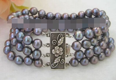 

shitou 00641 Beautiful 8" 4row 7-8mm black round freshwater pearl bracelet- silver clasp