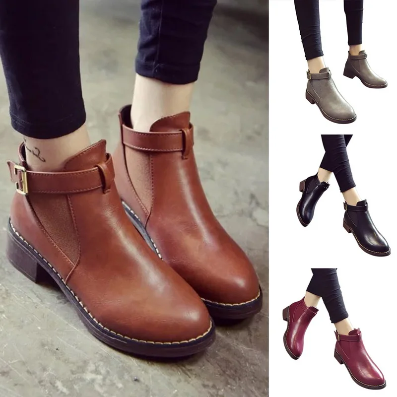 

SHUJIN Women Solid Ankle Martin Boots Autumn Winter Female Casual Shoes Woman Flat Fashion Platform Round Toe Buckle Strap