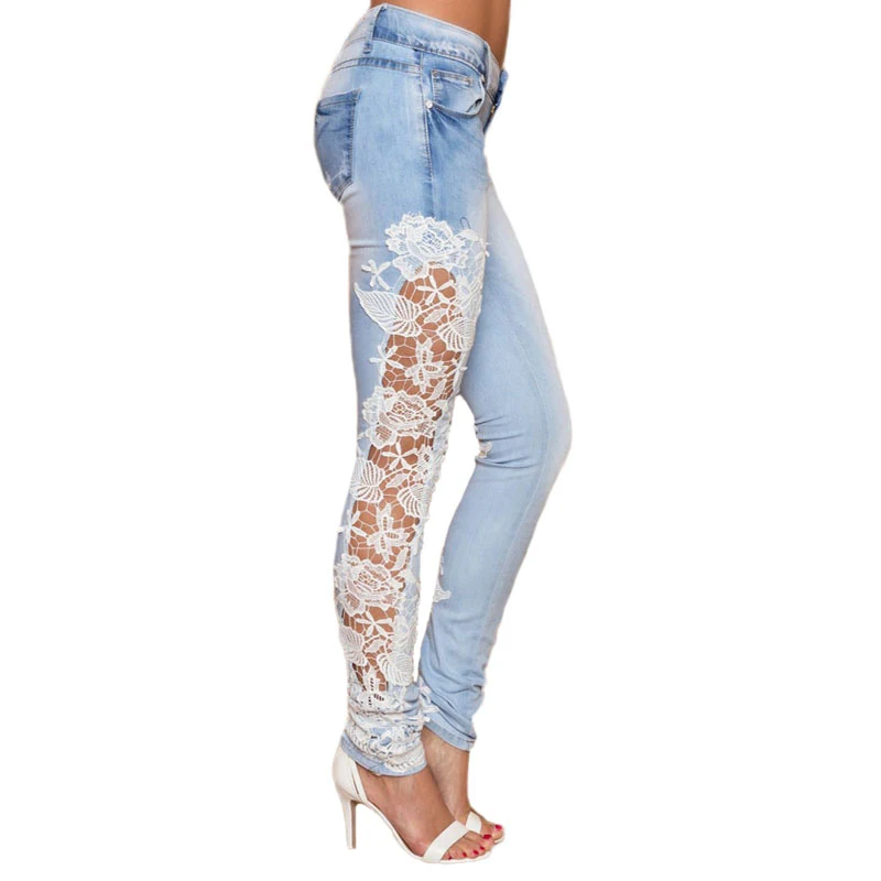 Plus Size Casual Lace Floral Side Spliced Stretch Denim