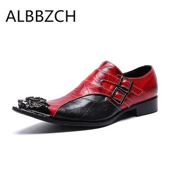 

New metal pointed toe genuine leather men shoes fashion patchwork wedding dress shoes career work party shoes black red white 46
