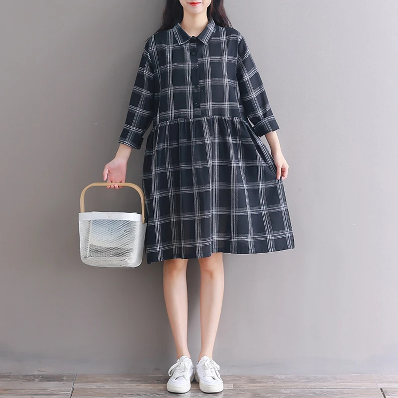 New Autumn Women Vintage Retro Plaid Long sleeve Button