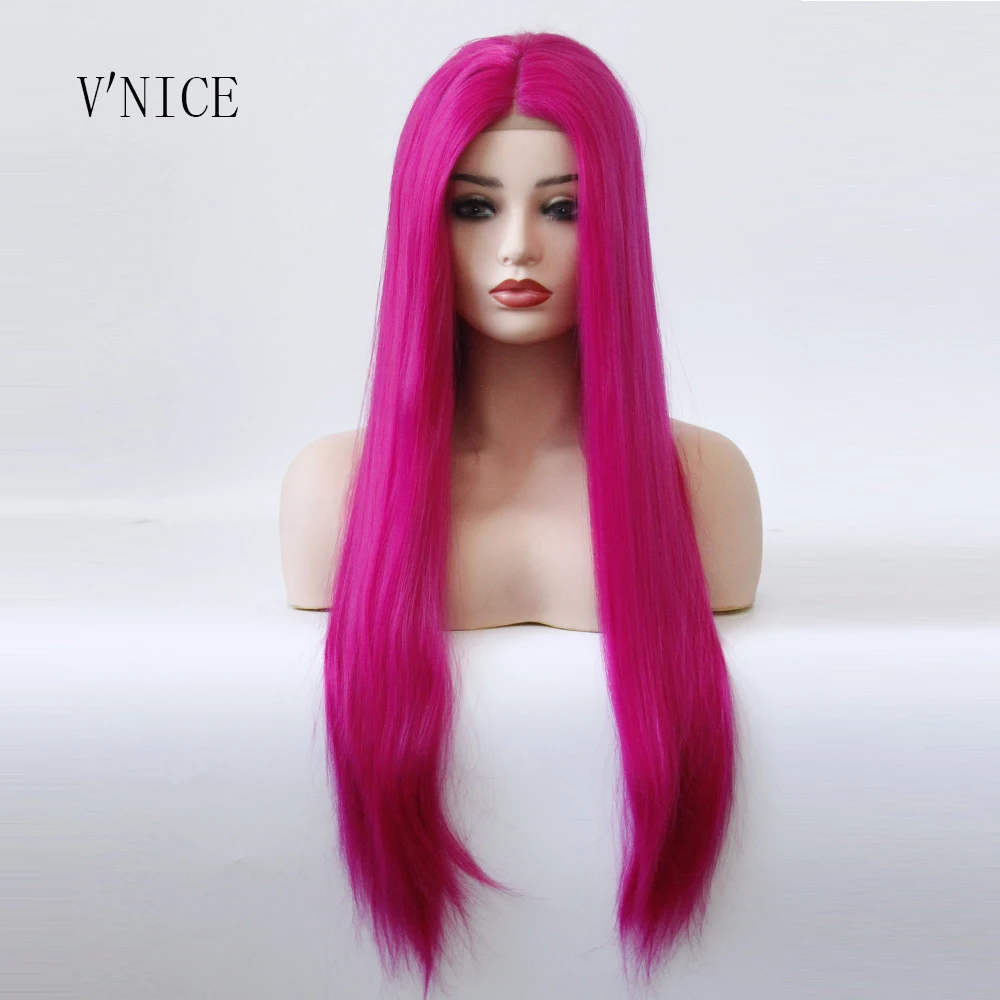 

Middle Part Wig Hand Tied Rose Red Color Straight Heat Resistant Hair Cosplay Drag Queen Glueless Synthetic Lace Front Wigs