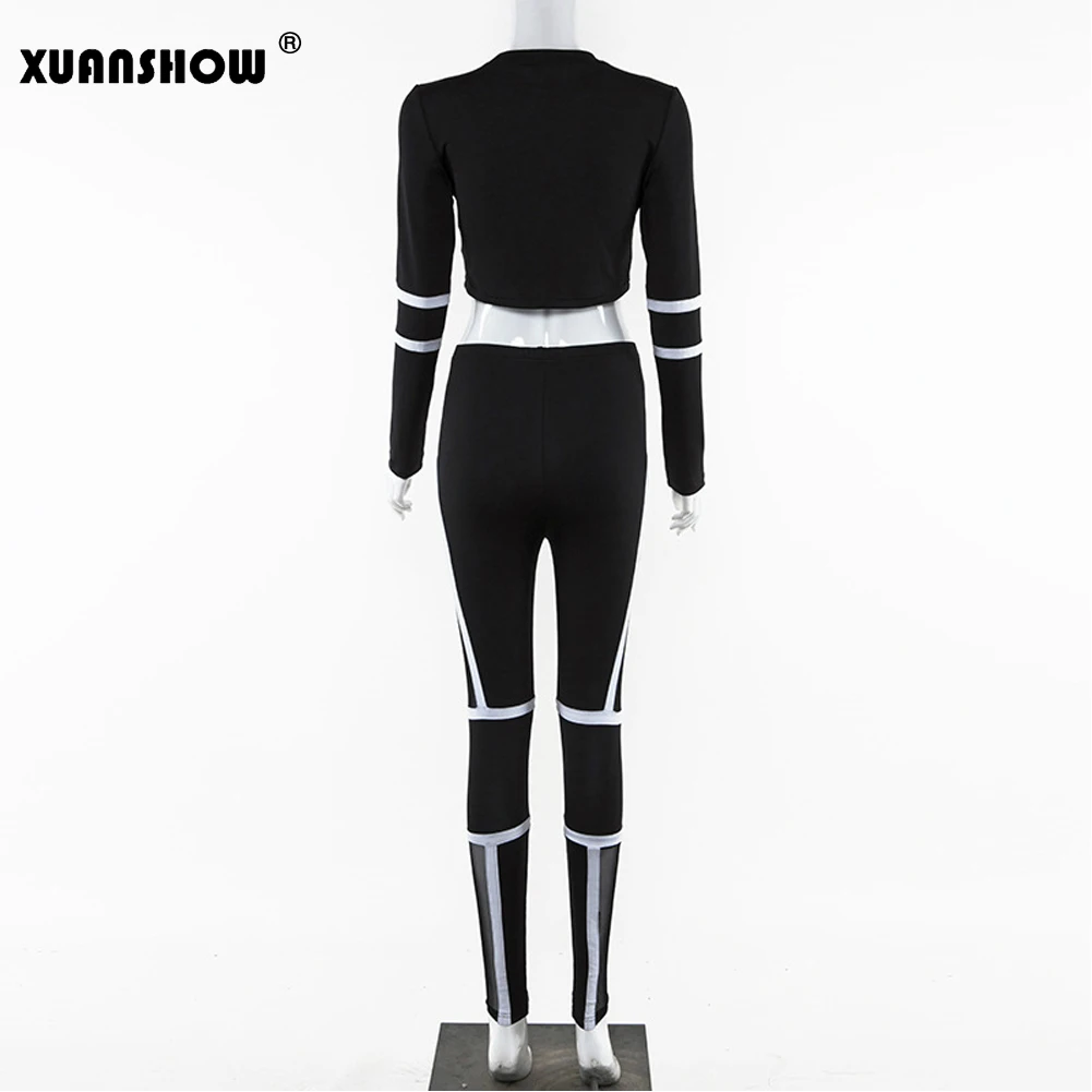 XUANSHOW/женские спортивные костюмы сексуальный сетчатый лоскутный укороченный топ