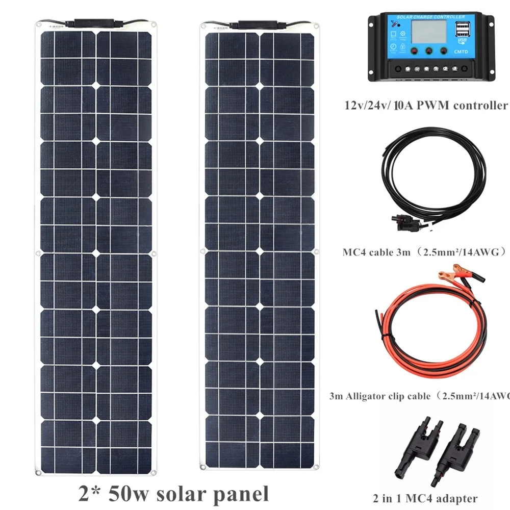 

50W 100 watt flexible Monocrystalline Solar Panel system kit Module Charger with MC4 Cable Clip 12v/24v 10A /20APWM controller