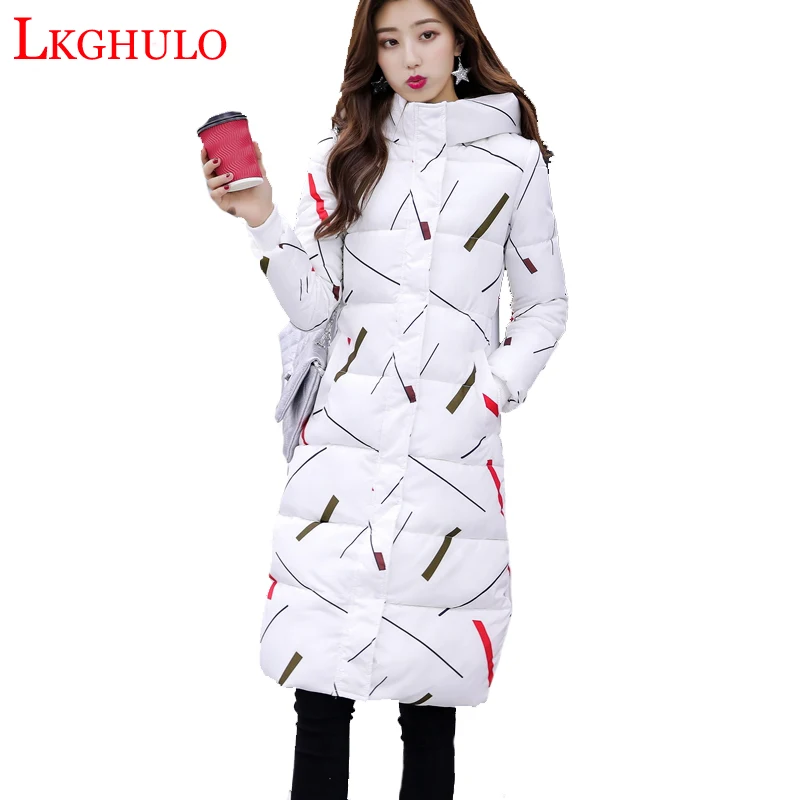 

Hooded Print Thicker Winter Down Cotton Jacket Women Long Coat 2018 New Plus Size padded Coats Casual Female Parka W507