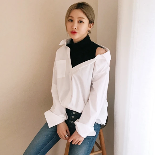 

New Loose White All-match Short Front Length T-shirt Woman Long Sleeve Patchwork Off Shoulder T-shirt Woman 8