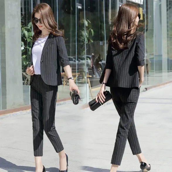 Woman Office Work Striped Pants Suit For Women Business Casual Outfit Womens Trousers Suits Black White Blue Blazer with Pants