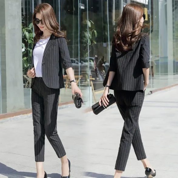 Woman Work Wear Striped Pants Suit For Women Business Casual Outfit Womens Trouser Suits Black White Blue Blazer Set with Pants