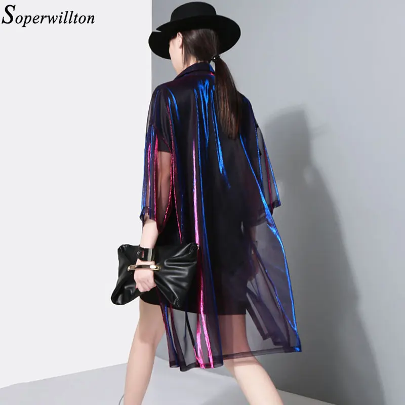 

Transparent Thin Mesh Trench Coat For Women Casual Lapel Collar Three Quarter Sleeve Long Summer Sunscreen Chaqueta Mujer C53