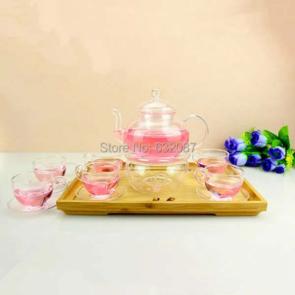 

8pcs/set Glass Teapot Set 800ml Glass Teapot + Glass Cup and Saucer + Glass Holder