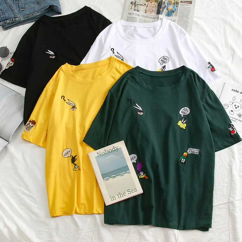 

Korean 2019 Short Sleeve Women tshirt Summer kawaii cartoon Embroidery t-shirts 90s girl harajuku white Tops tee womens clothing