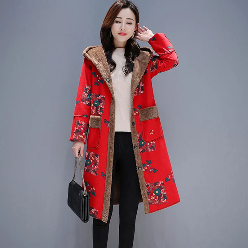 

2019 Autumn Winter New Chinese national style Leisure loose coat Women Cotton Mid Long Printed Coat Female cc359
