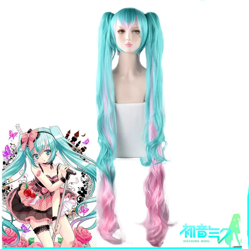 

MAGICAL MIRAI VOCALOID Hatsune Miku Cosplay wig long hair wigs Sakura miku blue Gradient pink hair with ponytails