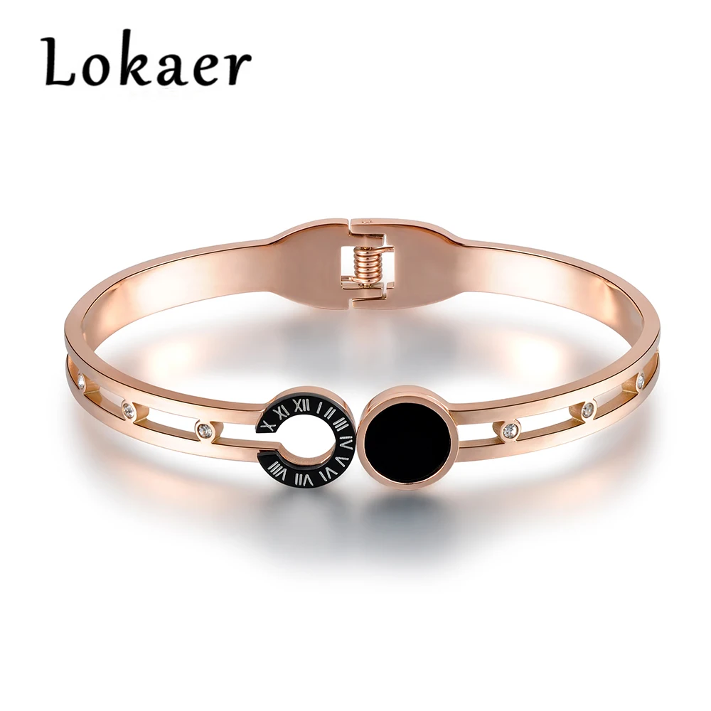 

Lokaer Classic Rose Gold Color Roman Number Bangles For Women 316L Stainless Steel Black Shell Lover Charm Bracelets & Bangles