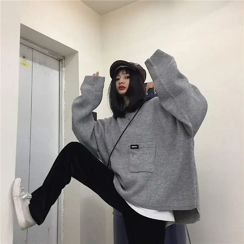 Neploe, дизайнерский свитер с карманами, пальто с длинным рукавом, вязаный пуловер, новинка, женская и мужская одежда, корейский джемпер большого размера, топы 37773